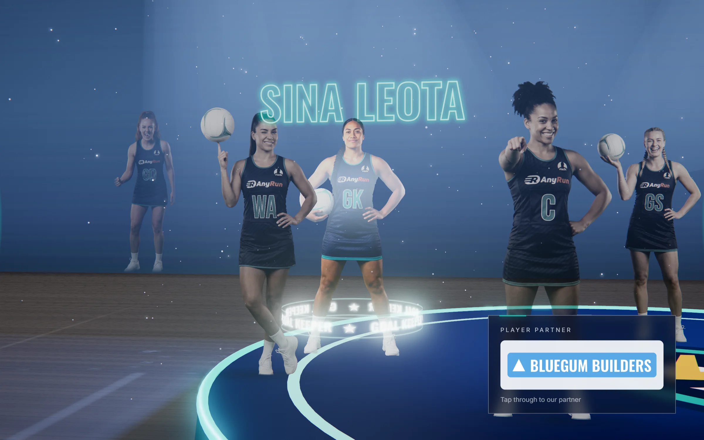 A player in focus on the podium, her player partner’s logo in a panel beside her.
