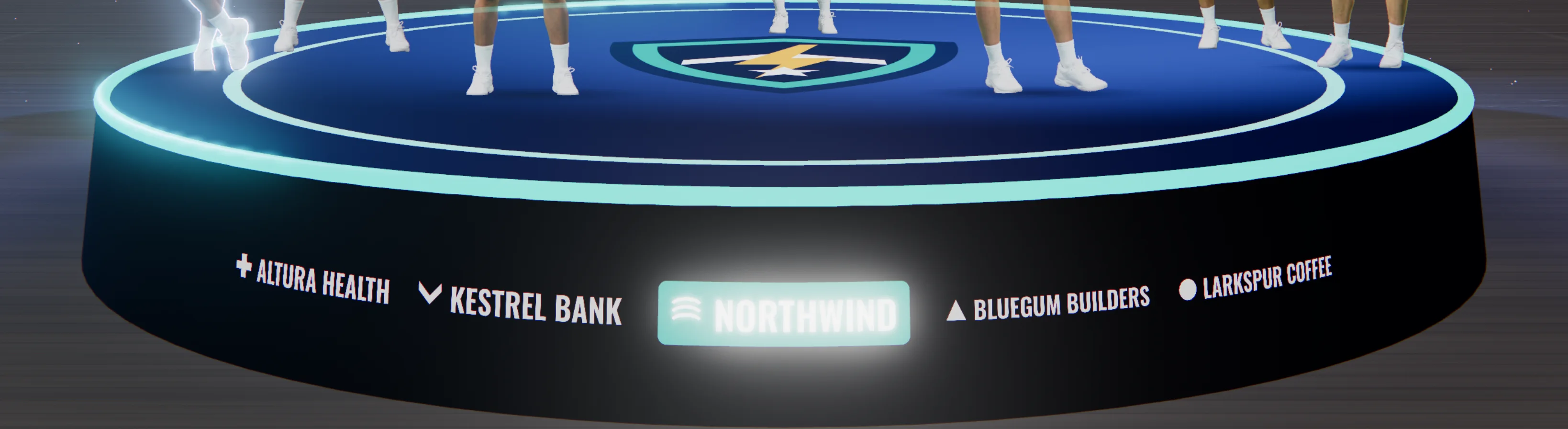 Sponsor logos on the LED band around a 3D podium, with the presenting partner in the middle