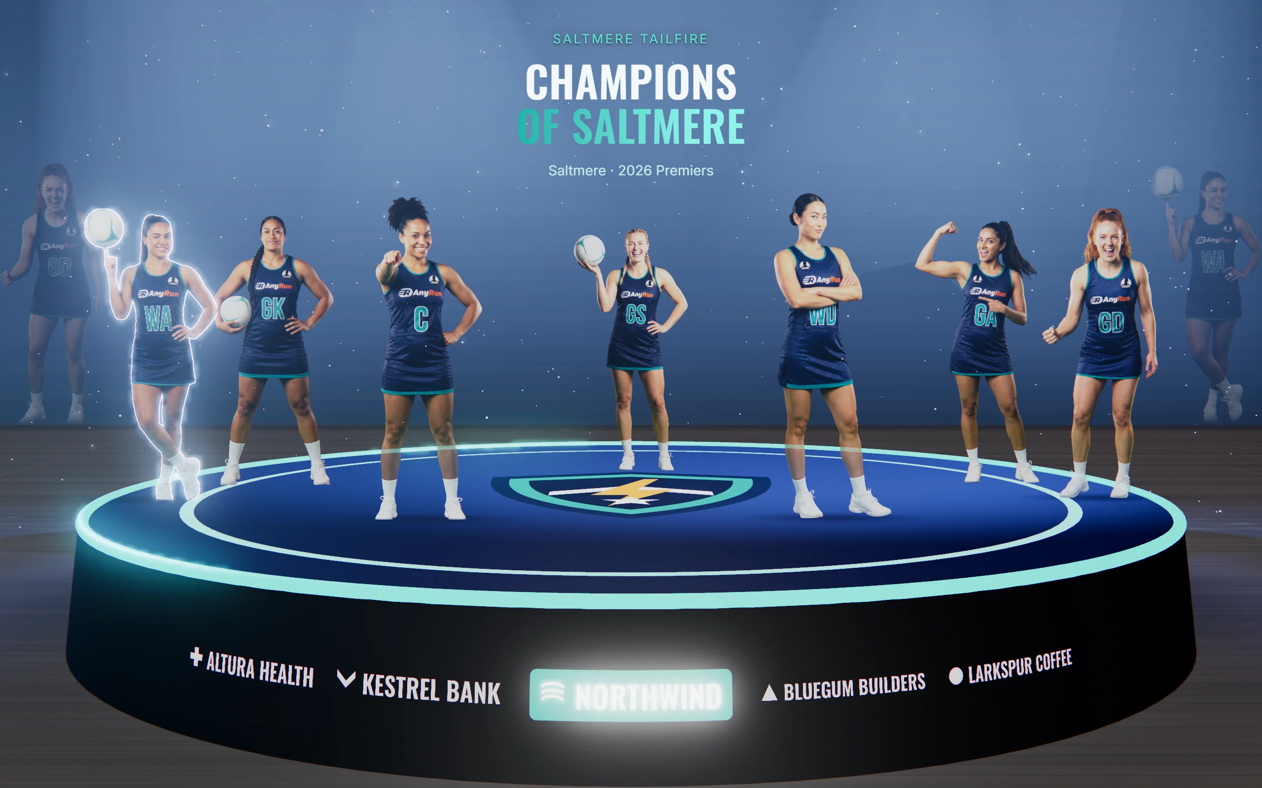 The demo squad on the podium; the LED ring below them carries the sponsor marks, the presenting partner lit in the middle.